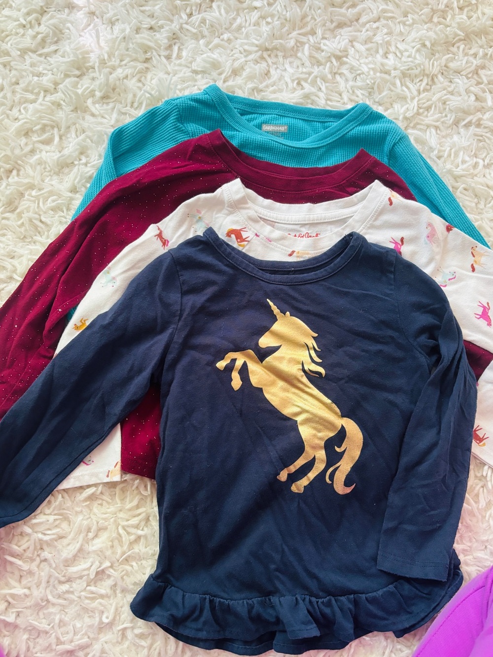 Lot of 4: Girls Long Sleeve Tee Shirts Sz 4T- Navy, Maroon, Teal, Unicorn, snow